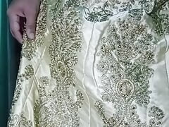 Indian Gay Crossdresser Gaurisissy XXX Sex in Golden Saree Pressing His Boobs and Fingering His Ass