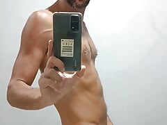 Horny masturbation in front of the mirror with thick cuming