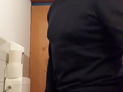 Horny i jerk-off in the toilet, cum in my palm and eat it.