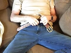 Daddy strips, plays with penis sleeve, cums - eats his seed