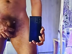 Naked Muscular Guy Masturbating in Front of the Mirror